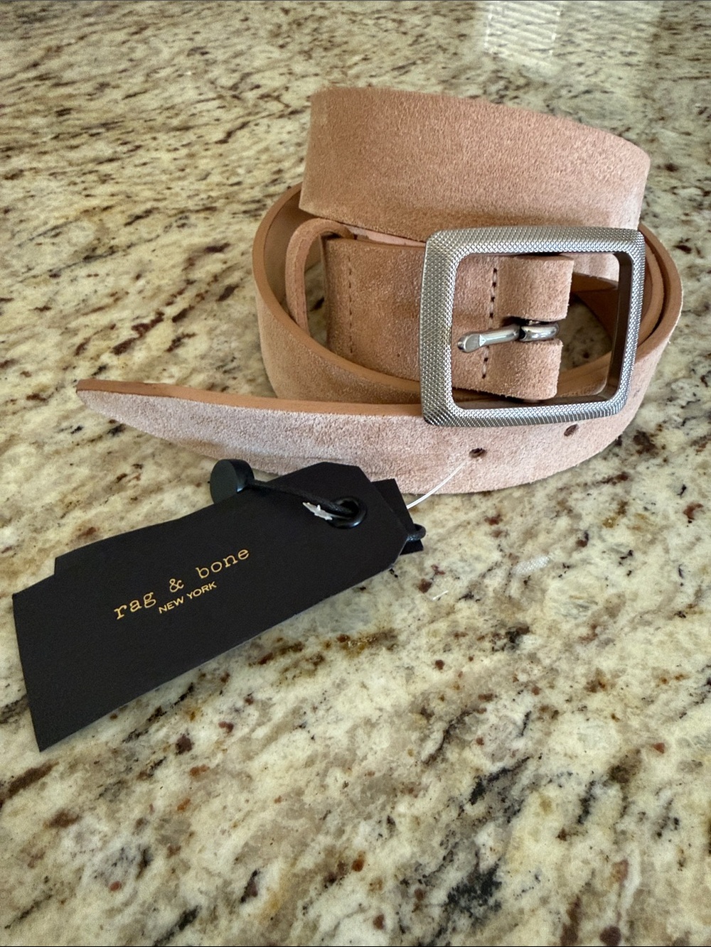 rag & bone Boyfriend Belt in Nude Suede with Textured Silver-tone Buckle Sz M